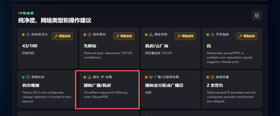 教程配图展示如何快速判断IP的风险值和纯净度